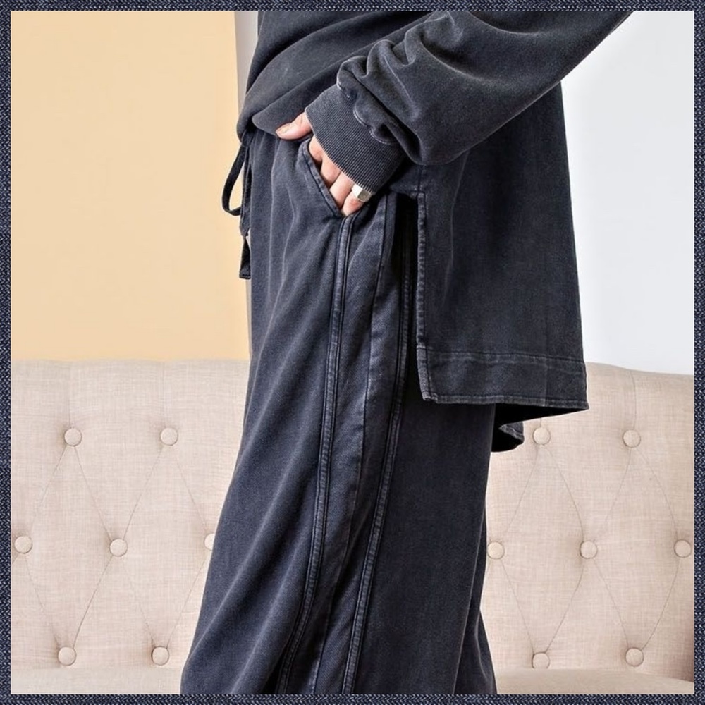 EASEL "So Comfy" Mineral Washed Pants Cotton Terry Side Leg Detail Elastic Waist - Picture 4 of 16